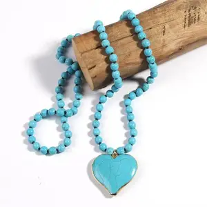Turquoise Boho Vintage  Heart Pendant Necklace Women Long Layering Statement Jewelry For Festival Beach Vacation & Daily Wear chain