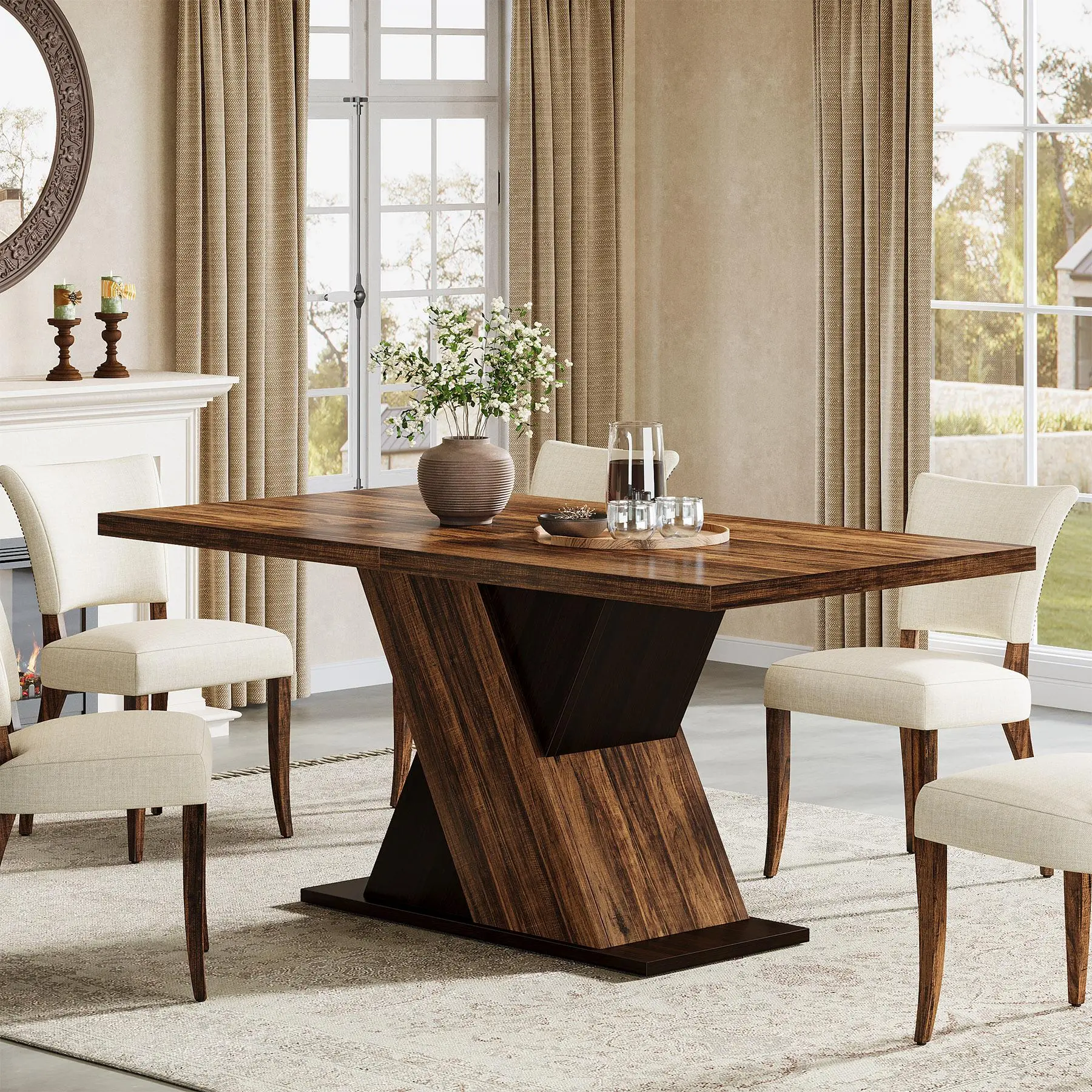TRIBEWOOD 55-Inch Farmhouse Dining Table for 4, Rectangle Dining Room Table, Rustic Brown Wooden Kitchen Dinner Table for Dining Room