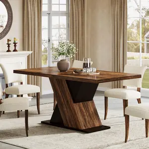 TRIBEWOOD 55-Inch Farmhouse Dining Table for 4, Rectangle Dining Room Table, Rustic Brown Wooden Kitchen Dinner Table for Dining Room