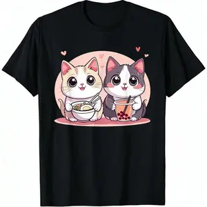 100% Cotton Funny Boba Ramen Cats Kawaii Anime Japan Cute Neko Cat T-Shirt