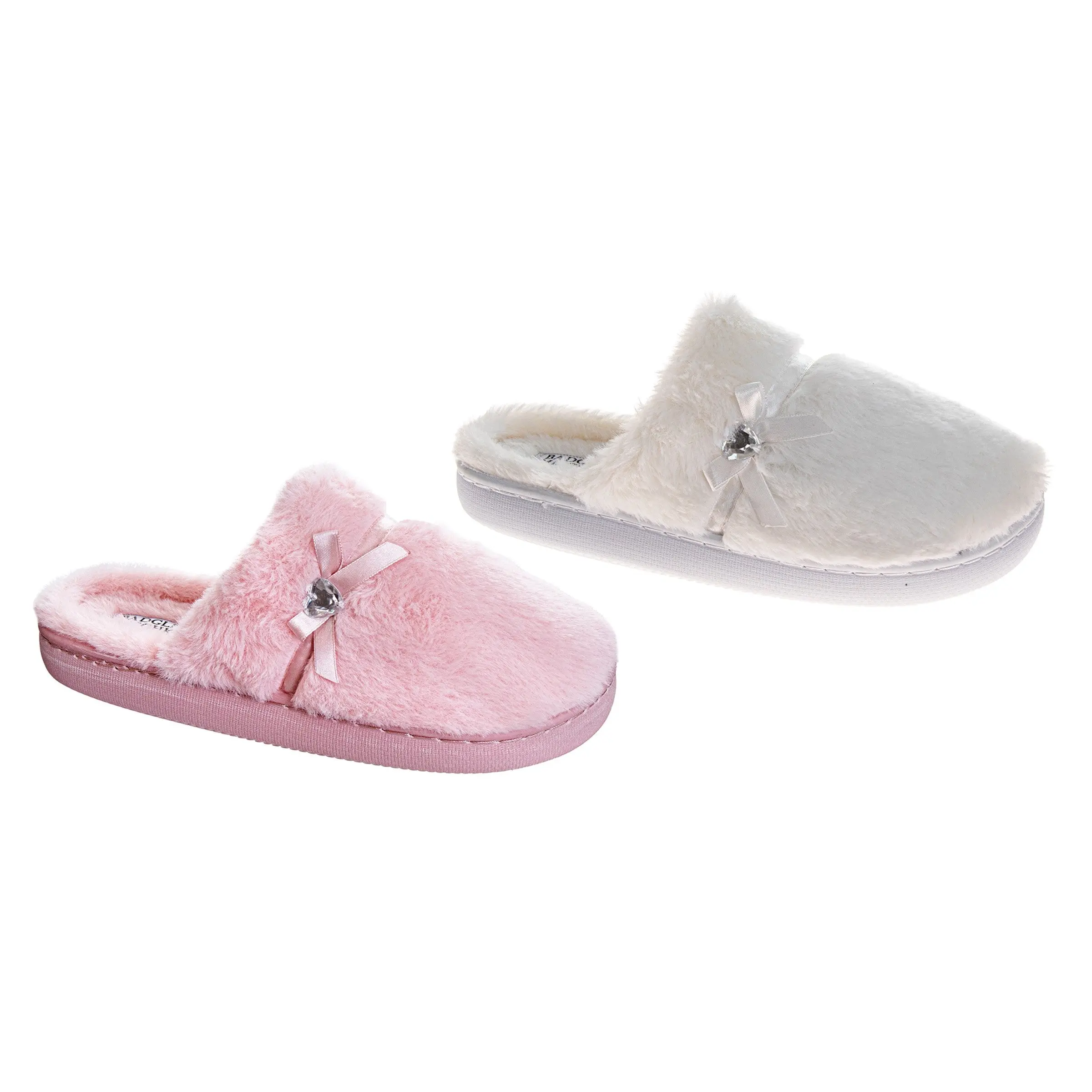 Josmo Badgley Mischka Women's Plush Faux Fur Mule Slippers - Sparkling Crystal Brooch, Cushioned Support, Soft Slip-On, Casual Fashion Footwear for Indoors, Size 10