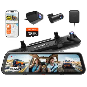 【FathersDayGift】WOLFBOX G900 Tripro 4K Rear View Mirror Camera STARVIS 2 IMX678 3 Channel 4K+1080P+2.5K Front Inside Rear Dash Cam 5.8GHz WiFi Voice Control 256GB Card