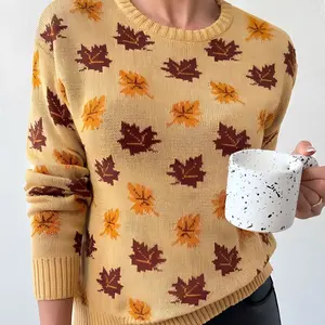 Women's Maple Leaf Print Drop Shoulder Sweater, Casual Comfort Fashion Long Sleeve Round Neck Jumper for Fall & Winter, Ladies Knitwear for Daily Wear Womenswear Lady Longsleeves Crewneck Fall Thanksgiving