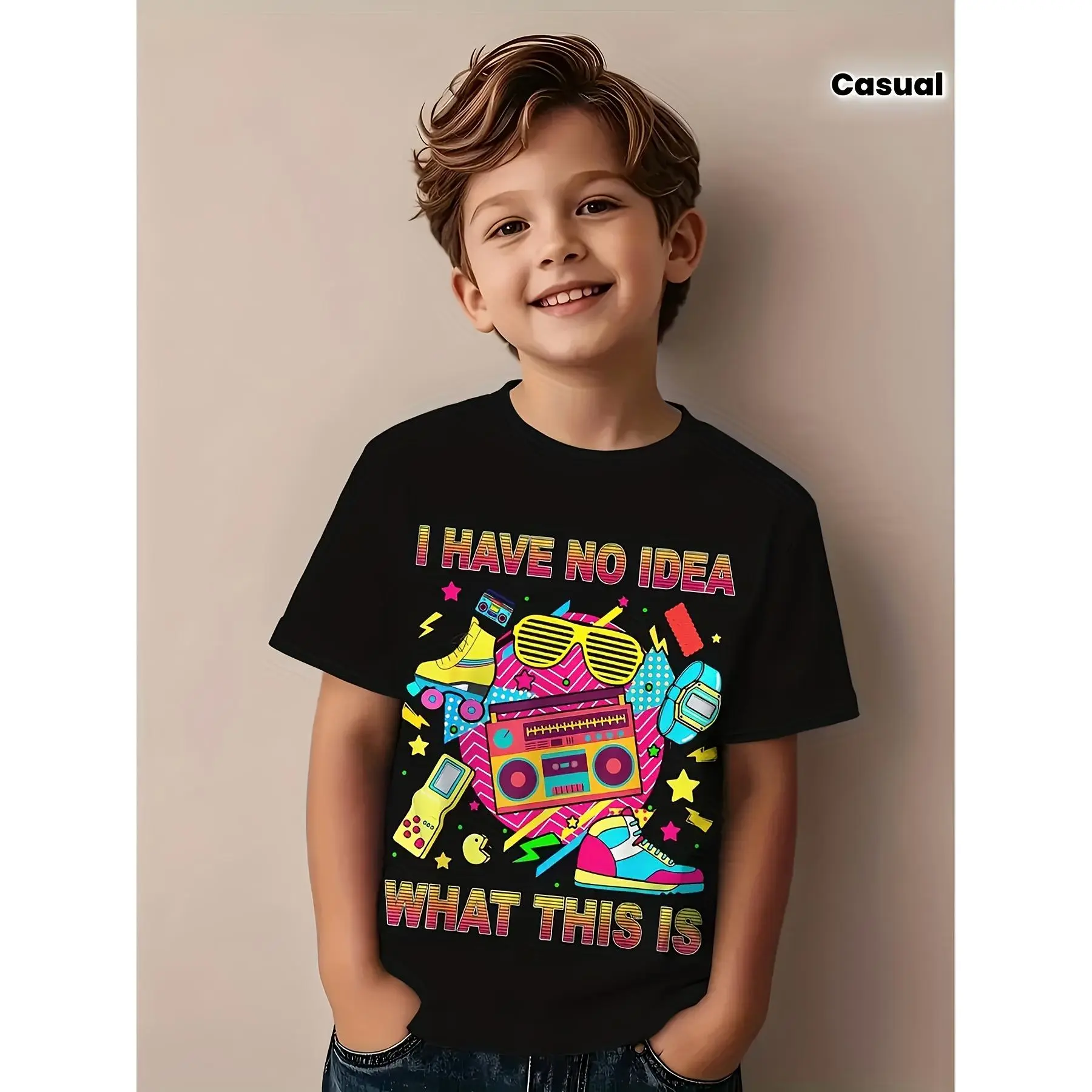 Kids' Cotton Slight Retro Themed T-Shirt - Boys & Girls Round Neck Summer Casual Outfit with 70/80 Numbers Print, Machine Washable for Themed or Casual Attire