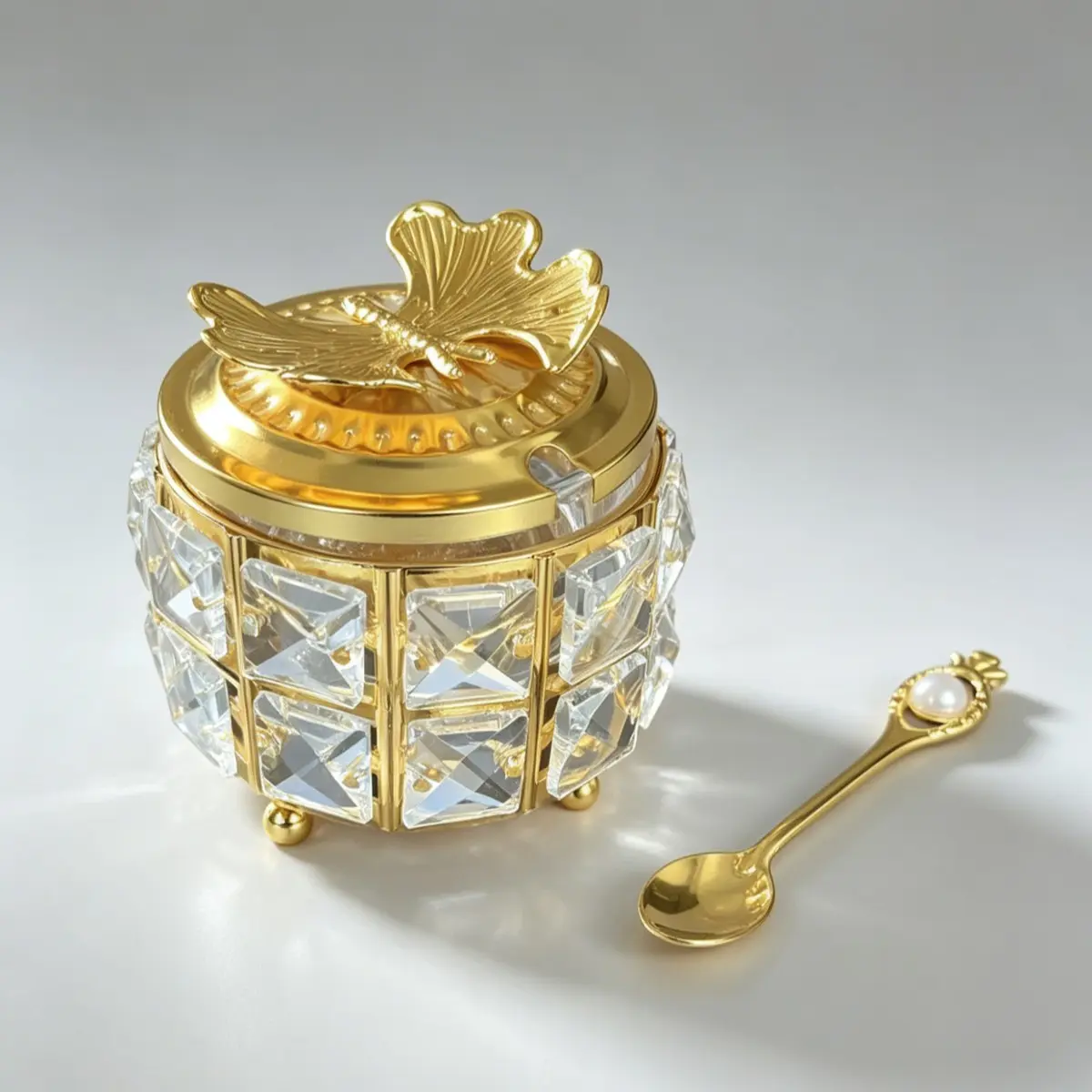 Luxury Round Crystal Sugar Bowl Canister, Butterfly Lid & Pearl Spoon, Metal Frame, Glass, Kitchen Decor, Coffee Bar, Home, Afternoon Tea, Tabletop, Kitchen Storage Jar