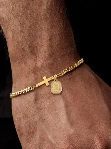 Men's Stainless Steel Cuban Chain Bracelet, Fashion Block Letter Initial Cross Pendant, Casual Style, All Seasons Wear