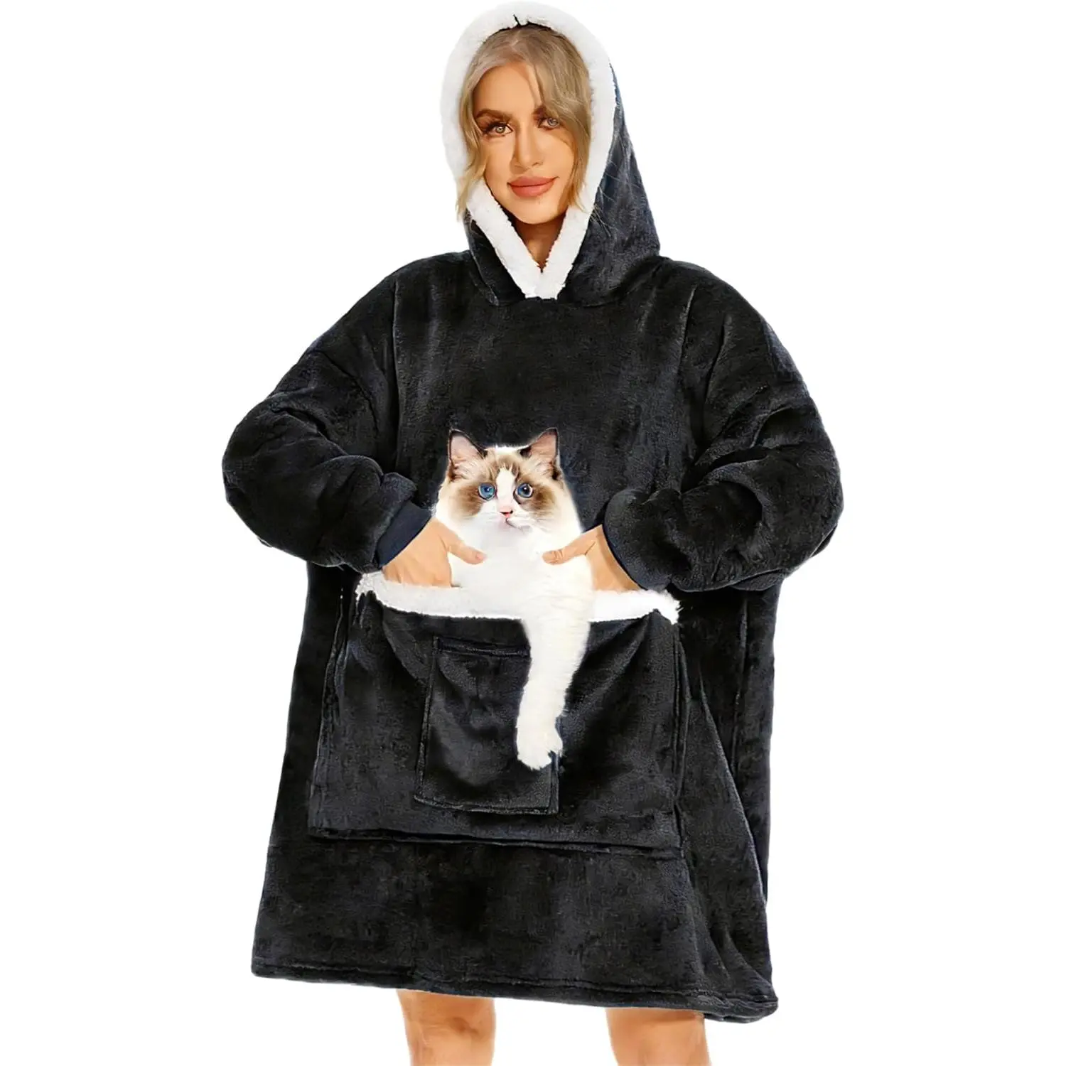 1-Piece Cozy Look Wearable Blanket Hoodie - Giant Soft Warm Fleece Sweatshirt with Large Pocket, for Indoor Sleeping/TV Time, Men's Gift, One-Piece