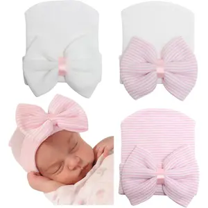 Newborn Baby Girl Hat with Bow Non-Scratch Cotton Toddler Infant Cap Soft Newborn Hospital Hat 0-3 Months