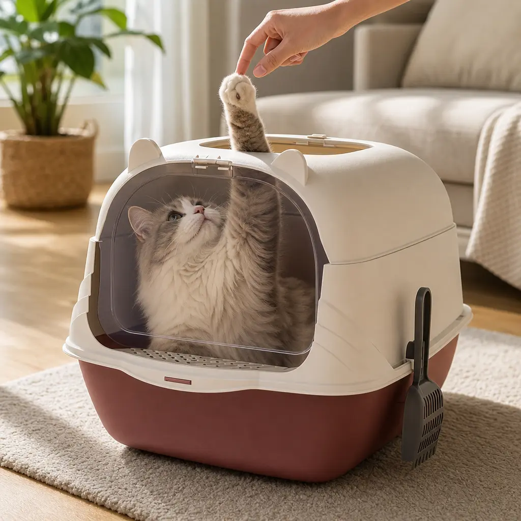 Cute cat litter box with cat ears, dual entrances, fully enclosed design; top entry plus front flip-lid door; anti-spill sand plate; large size; side hanging scoop holder; suitable for household cats.