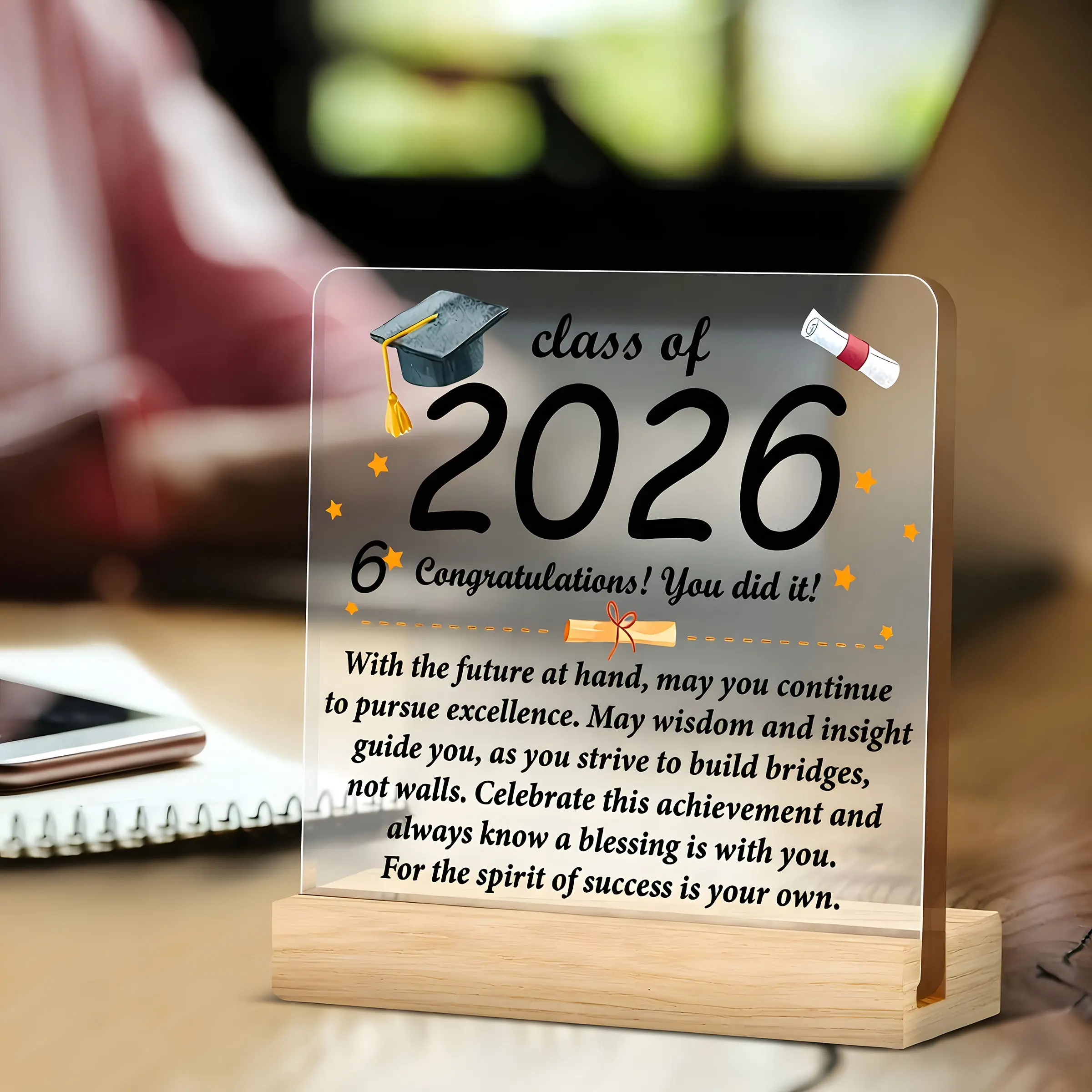 Modern Acrylic Graduation Plaque with Wood Base, Inspirational Quote, Gift for High School, University, Phd, Master's Degree, Desktop Decor