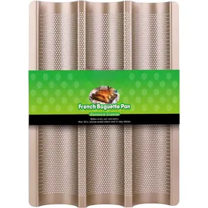 Nonstick  Baguette Pans For Baking 15"x11" Carbon Steel 3 Loaf Perforated Bread Tray Bake Mold Toast Cooking Oven Toaster Pan Cloche Waves Bakeware Golden BG285