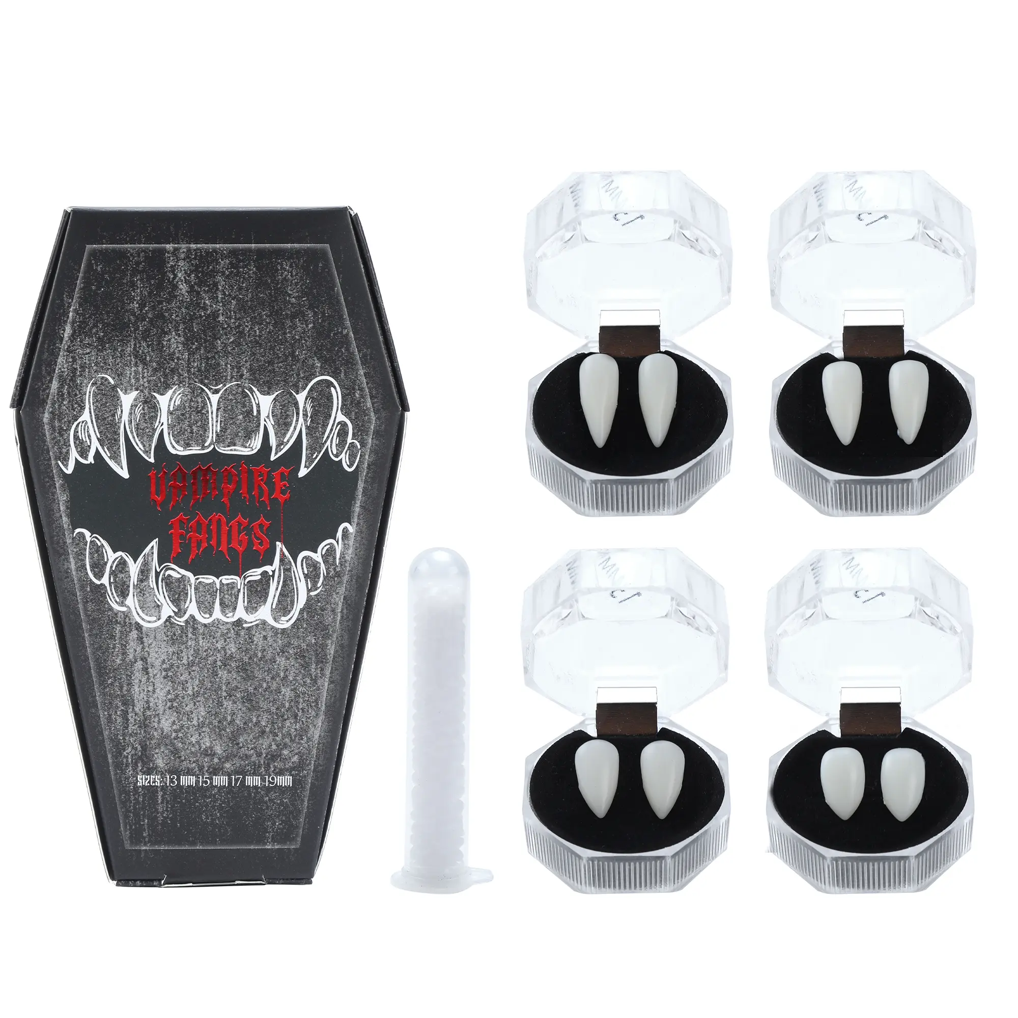 Vampire Fangs, 4 Pairs of Creepy Resin Fake Teeth with Adhesive, Multi-Size Cosplay Accessories for a Realistic Vampire Costume