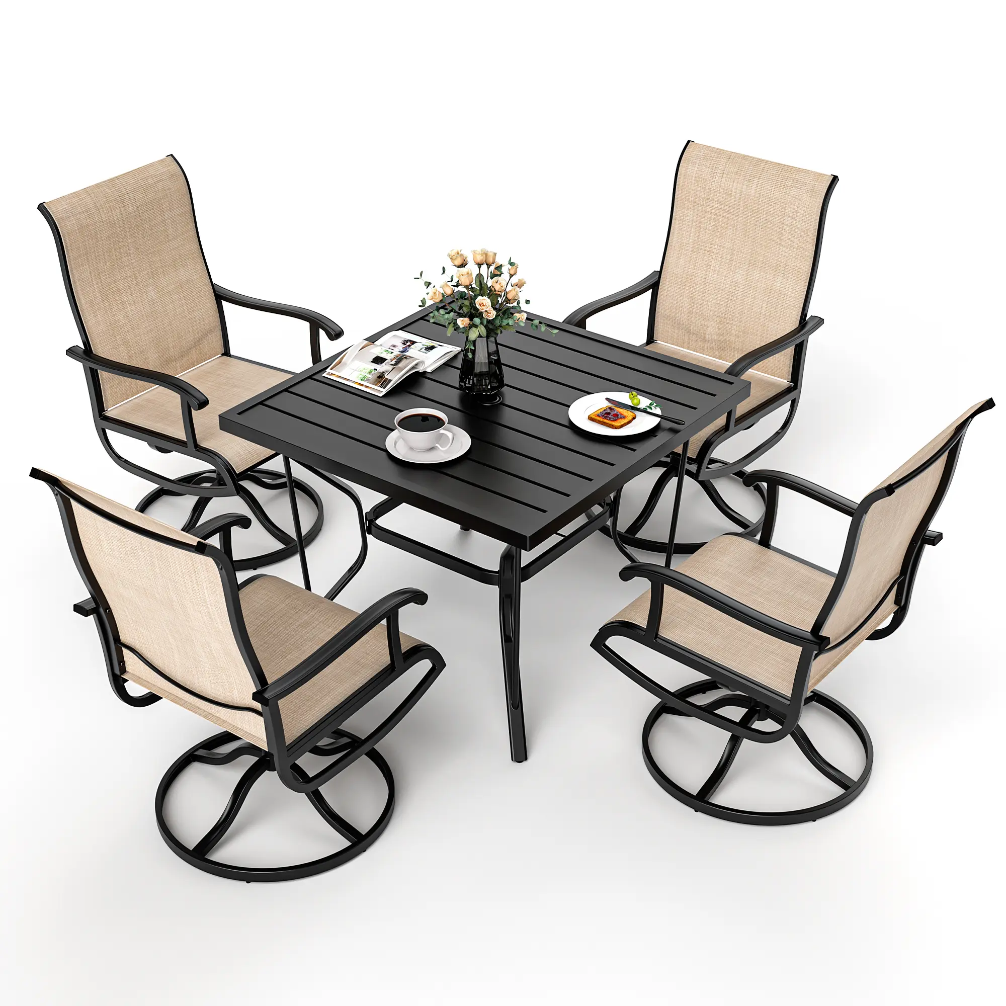 Pamapic 5-Piece Patio Dining Set, Patio Bistro Set with Square Plastic-Wood Table Top and 4 Textilene Chairs, Charcoal Grey Outdoor Furniture for Garden Backyard