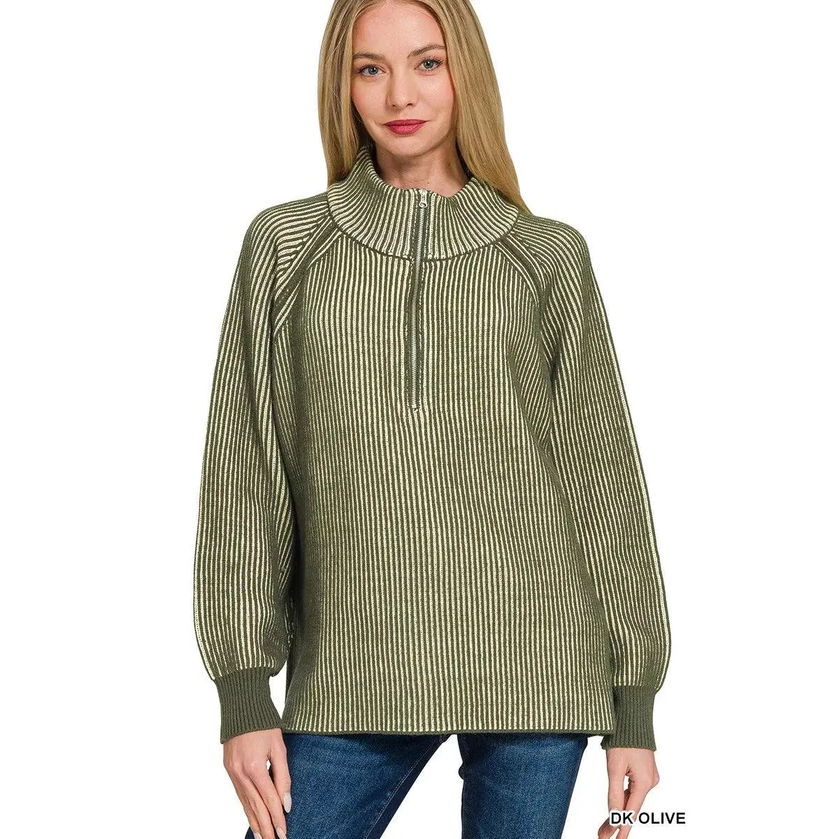 Zenana Ribbed Two Tone Half Zip Sweater