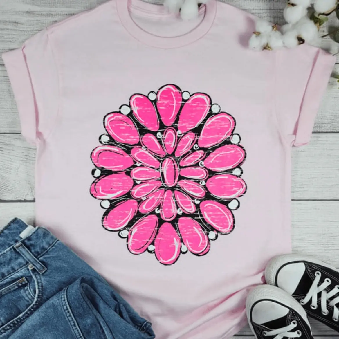 Envy Stylz Boutique Women's Short-Sleeve Round Neck Cotton-Polyester Fit Graphic T-Shirt - Hot Pink Stone, Floral Printed, Comfortable Casual Top