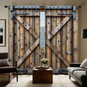 2pc Vintage Wood Grain Barn Door Curtains, American Country Style Long Panel Privacy Blinds, Living Room Dining Room Decor, Home Decoration Curtain