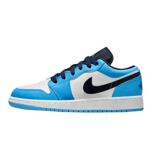 Youth Jordan 1 Low "UNC" White/Dk Powder Blue-Obsidian (553560 144) (GS)