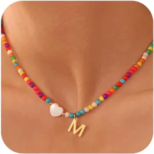 Colorful Initial Cute Necklaces for Girls - Trendy Beaded Choker Necklace for Women Teen Girl, Handmade Letter Necklace Christmas Jewelry Gifts for Women Girls rolling shutter