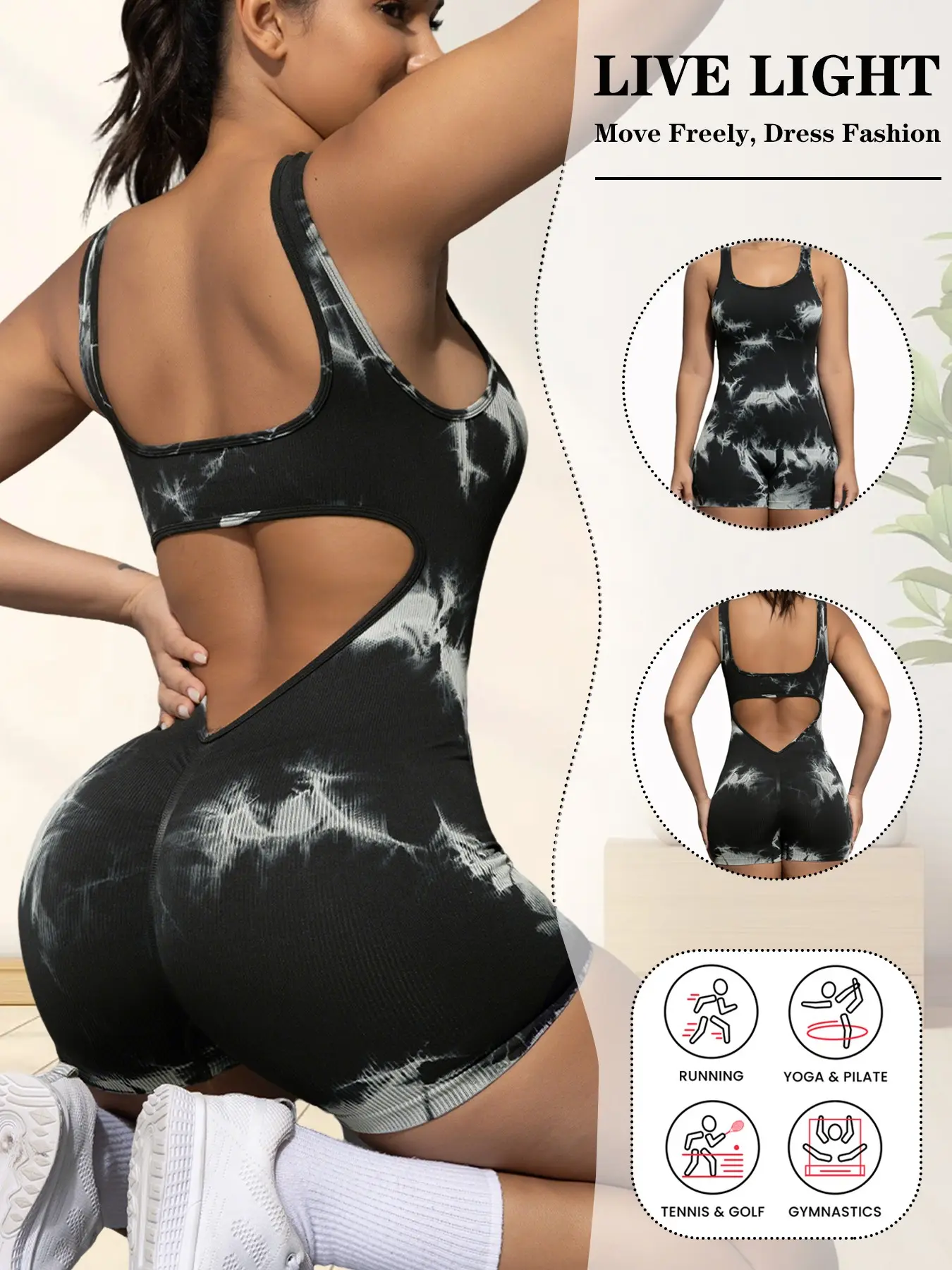Women's Tie-Dye Ribbed Yoga Tummy Control Jumpsuit Short Pants, Sleeveless High Waist Butt Lifting Elastic Belly Control Fitness One-Piece, Sleeveless Yoga Jumpsuits, Yoga Workout Jumpsuits