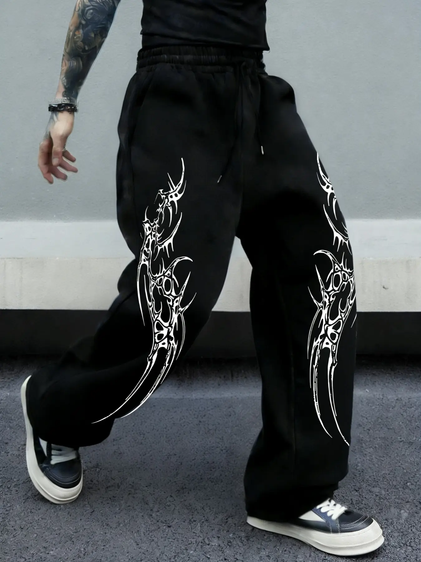 Cyberpunk Gothic Print Sweatpants, Loose Wide Leg, Fitted Street Style Streetwear, All Seasons, Hardcore Subculture Fashion, Casual Streetwear Bottoms, Statement