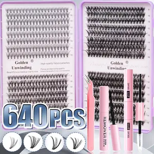 640pcs Eyelash Extension Kit with Glue, Tweezers, Remover, D Curl Styles, 20D+30D+40D+50D, 8-16mm Mixed Sizes, Home DIY Makeup, Beginner Friendly, Eyelash Tools