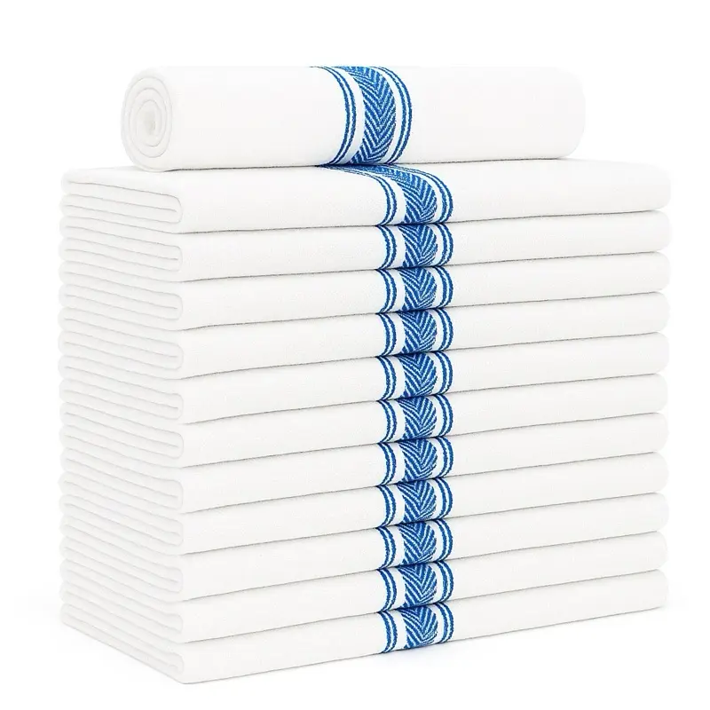 15-Pack 100% Cotton Classic Kitchen Towels with Center Blue Stripe - 15x26 - Durable and Versatile All-Purpose Wipes Cleaning Absorbent