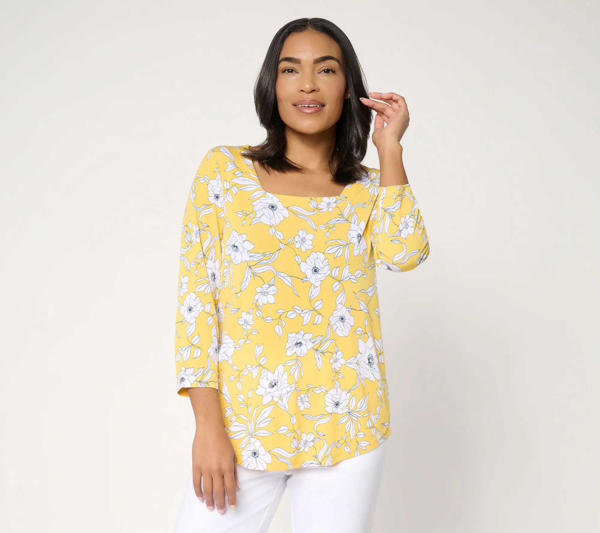 Susan Graver Printed Liquid Knit Square Neck Top w/Shirttail Hem