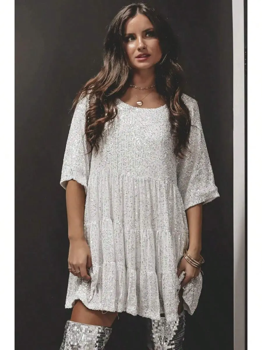 Women's Sequin Glitter Short-Sleeve Rainbow Mini Dress, Spaghetti Strap Round Neck, Festival Clubwear for Summer Casual Fashion, Sleeves