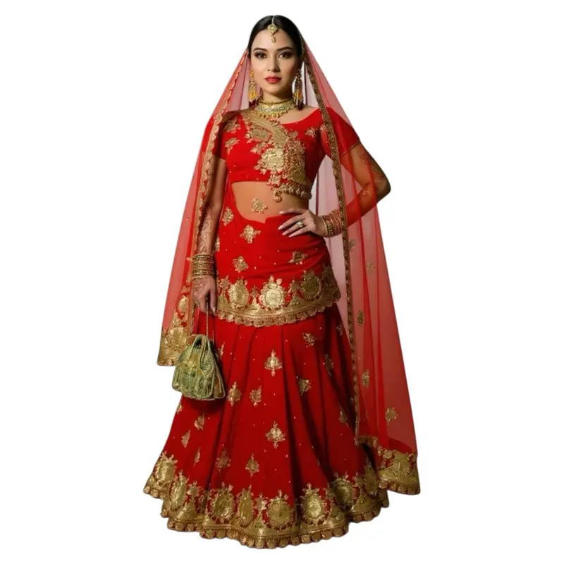 Women's Red Chiffon Bridal Saree - Classic Full Length, Elegant Modest Traditional Design, Golden Embroidery, Gold Accents, Wedding Dress, Formal Wear, Special Occasion Attire, Costumes & Accessories, Clothes