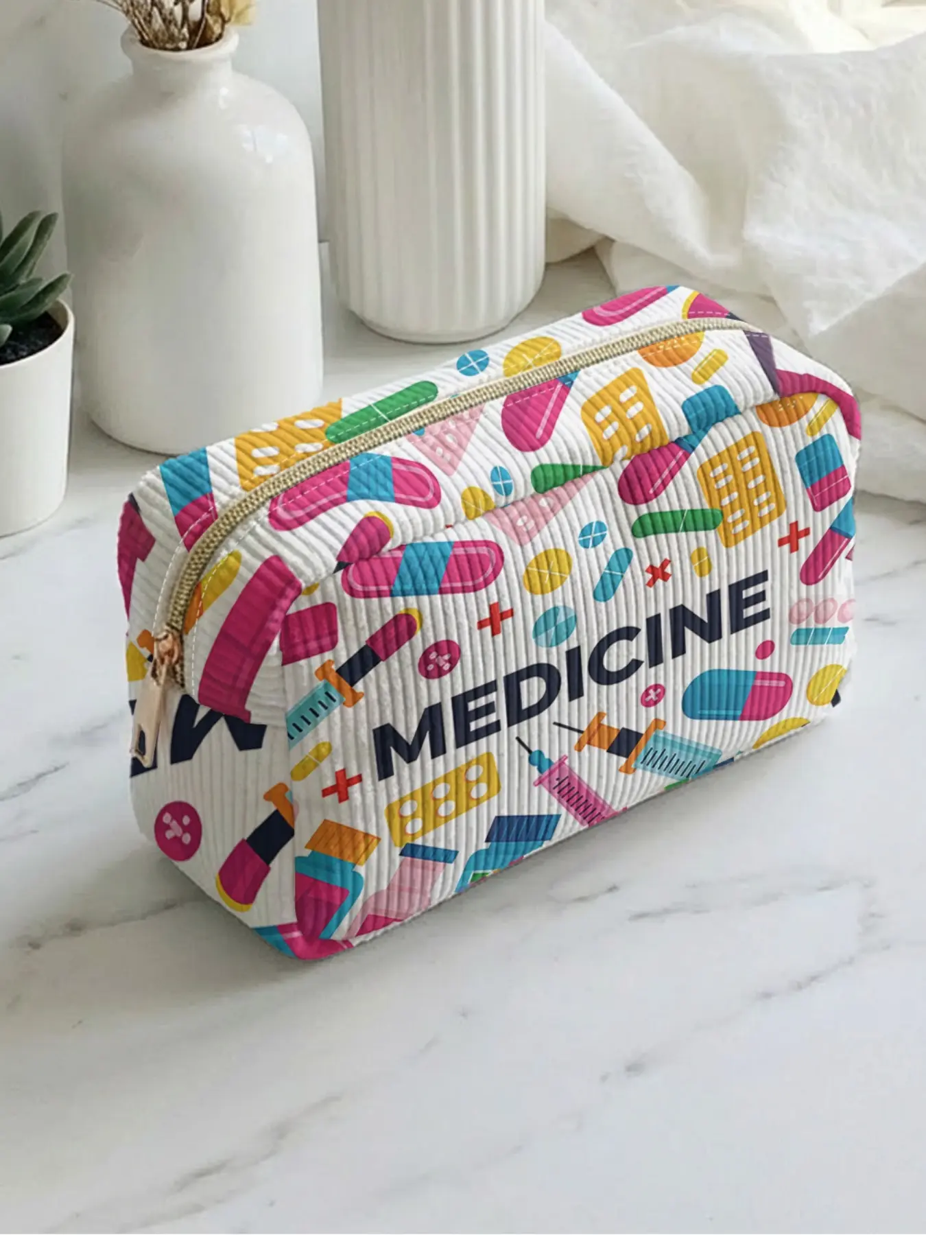 1 piece of medical element「MEDICINE」 2D printed makeup bag, Makeup Pouch, large capacity design|suitable for all seasons/general use|can hold daily skincare products and various cosmetics|lifestyle travel all-rounder