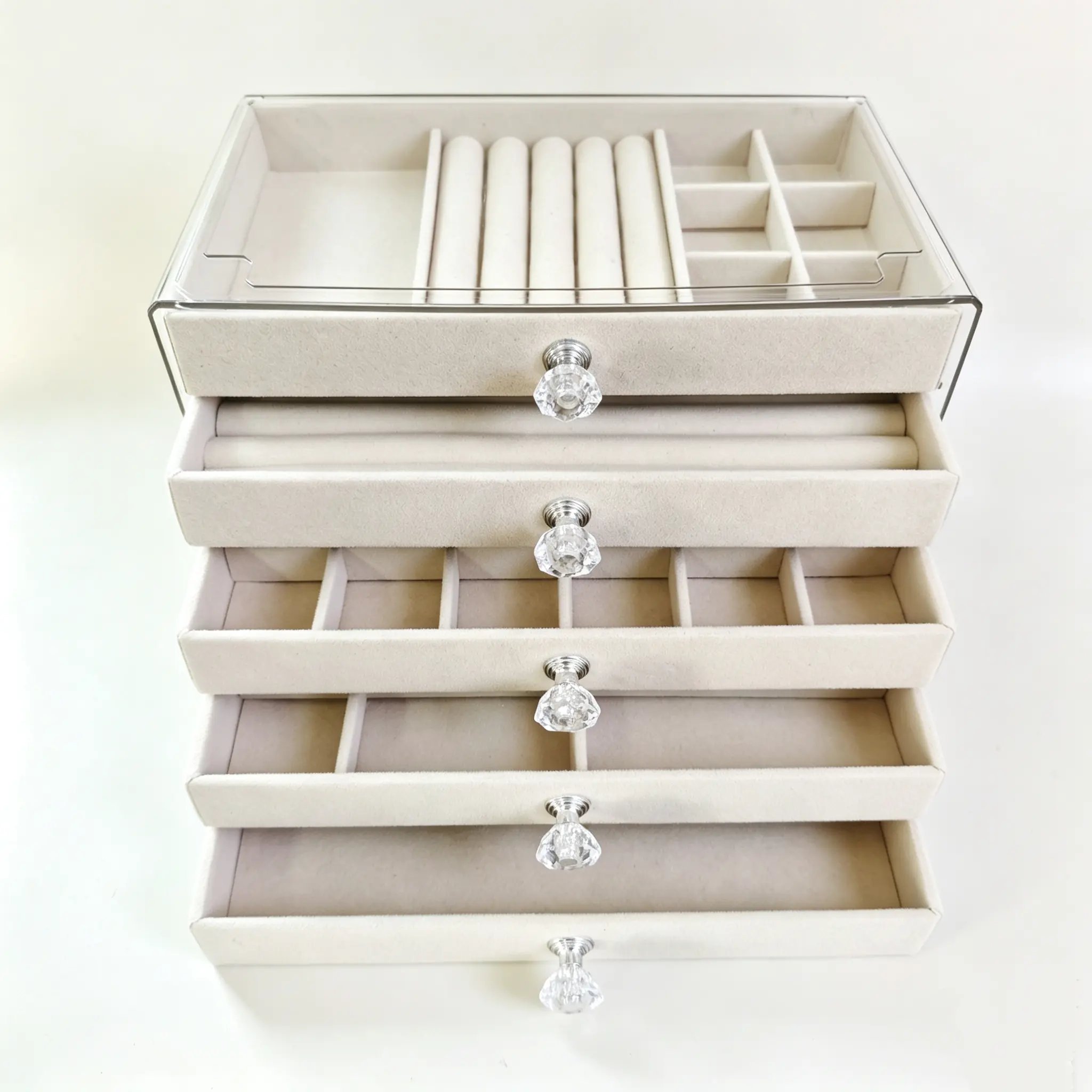 Transparent Acrylic 5-Tier Jewelry Organizer with Soft Velvet Drawers, Stackable Organizer Storage Boxes for Rings, Earrings, Necklaces, Drawer Bins, 5-Row Beauty Storage Solutions