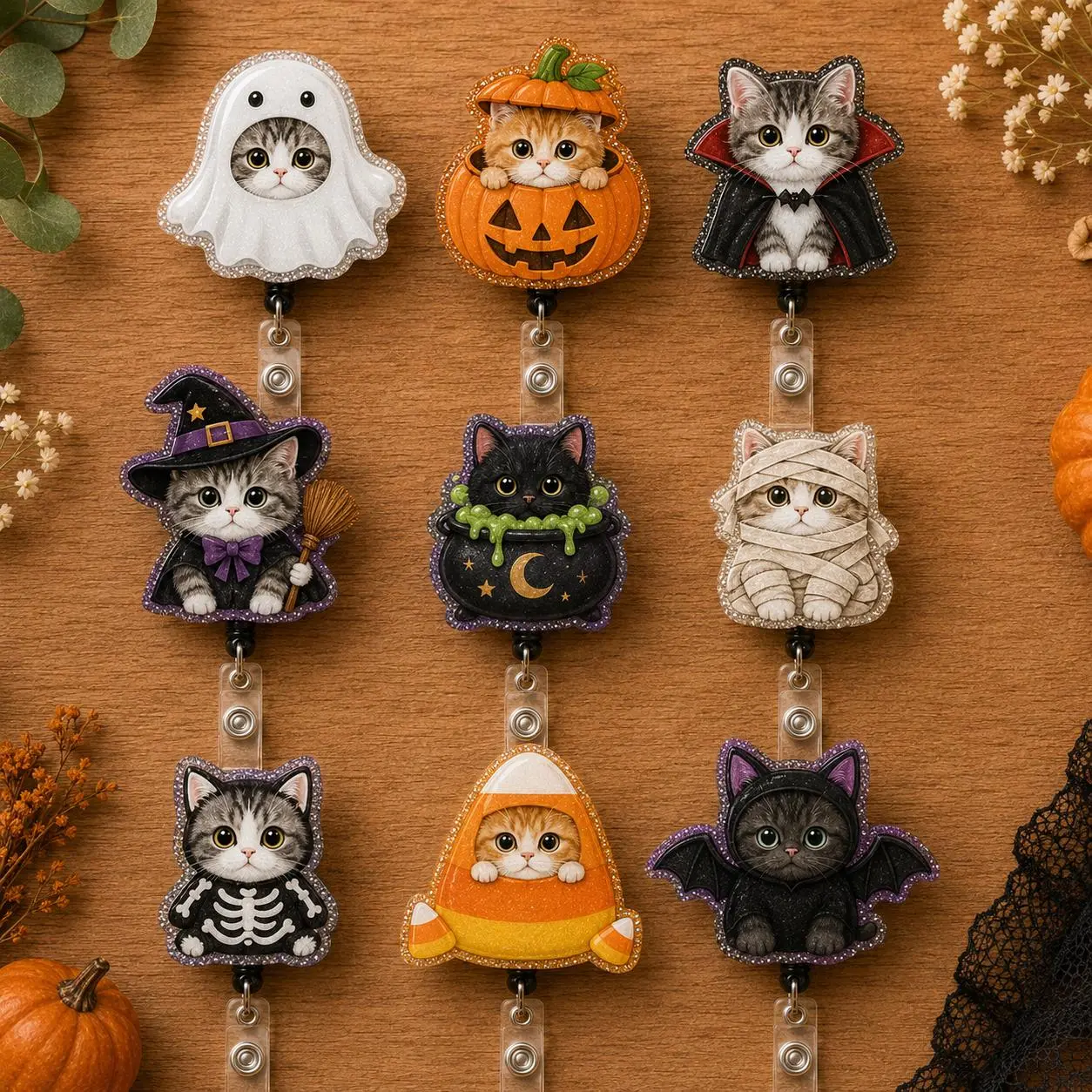 Halloween Cat Acrylic Badge Reel – Spooky Kitty Retractable ID Badge Holder, Ghost Pumpkin Witch Nurse Badge Clip, Fall Nurse & Teacher Gift