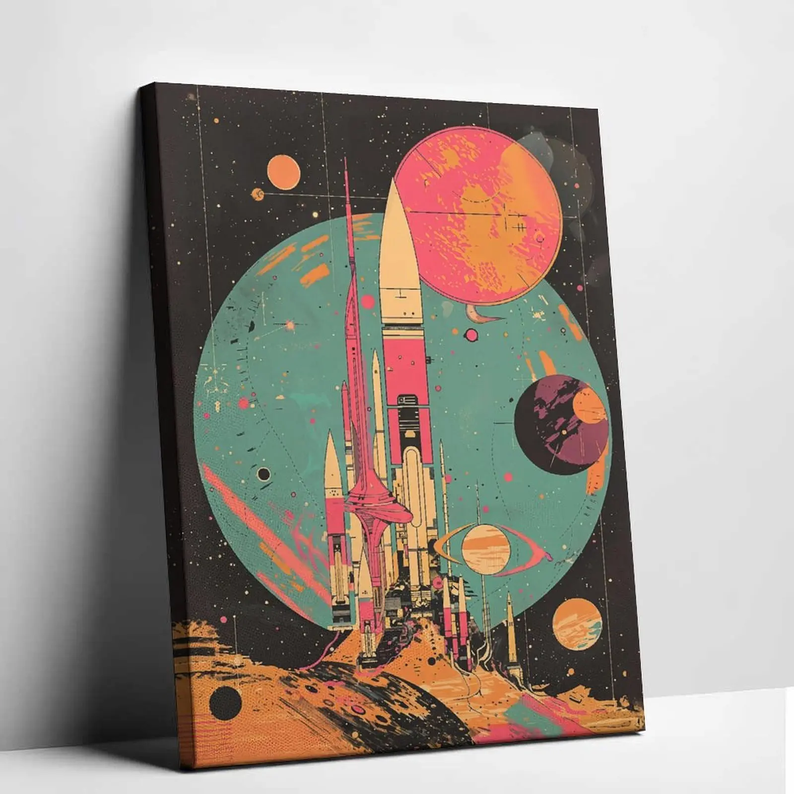Retro Sci-Fi Space Rocket Canvas Wall Art, Vibrant Vintage Planet Poster, Artistic Unframed Adventure Room Decor & Accessories for Gamers, Room Accessories