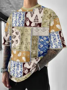 Men's Vintage Patchwork Bandana Print Oversized T-Shirt, Timeless Fashion Retro Paisley Pattern, Floral Drop Shoulder Design, Classic Casual Top
