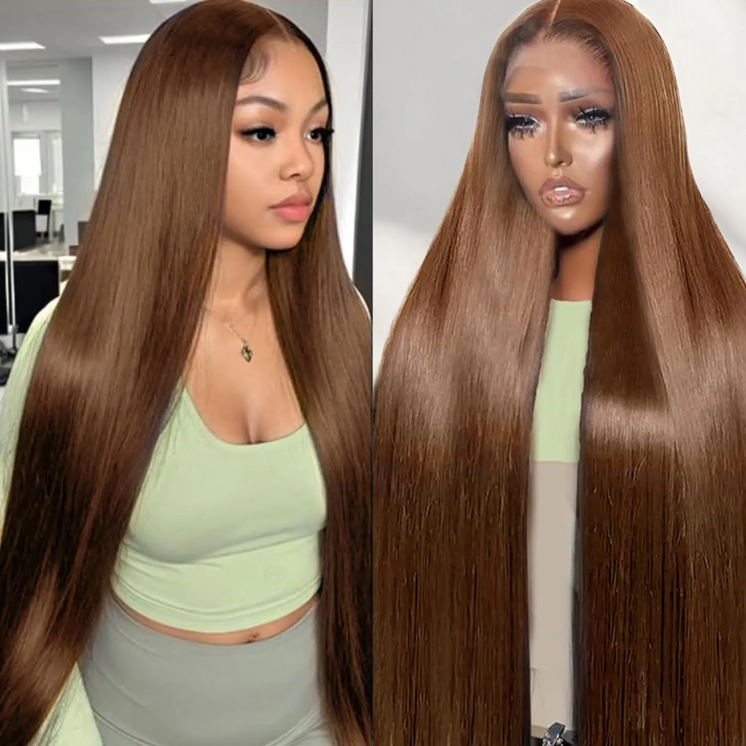 34 Inch 180% Density Chocolate Brown Lace Front Wig Brown Straight Lace Front Wigs Blended Human Hair 13x4 HD Transparent Full Frontal Wigs Pre Plucked Brown Wig 4#