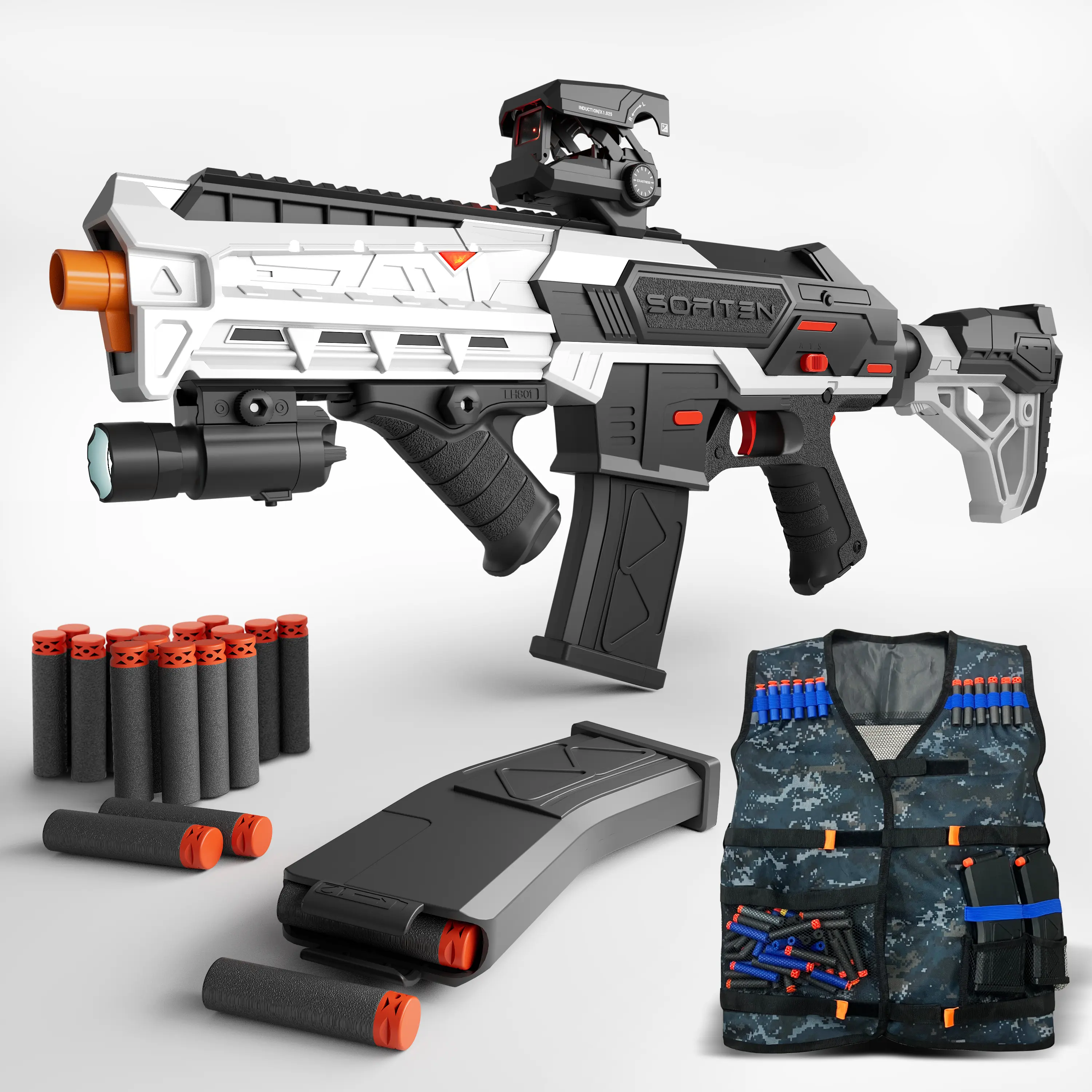 SOFITEN Aegis Series, 2 modes Electric Foam Dart Blaster set, Toy gun with Tactical Vest, adjustable Sight & Stock,Bolt Action & Power Indicator,Ultimate fun for Ages 12+boys,BirthdayGift OUTDOOR Practice summertoy