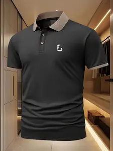 2602-Khaki collar men's fashion polo shirt casual short sleeve lapel polo shirt