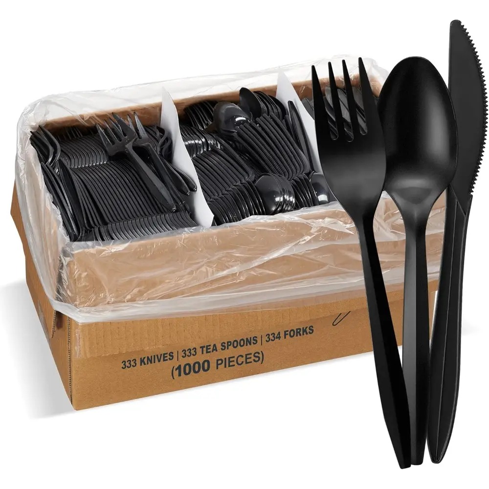 1000-Count Medium Weight Black Disposable Plastic Cutlery Combo Pack - Efficient, Heat Resistant, for Campfire/BBQ Party, Housewarming, Includes 334 Forks, 333 Knives, 333 Soup Spoons, Sporks, All-Disposable Dinner Sets Components