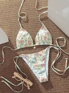 New Two-Piece Set, Floral Shell Pendant Bikini, Cream Base with Blue Polka Dots, Slim-Fitting, Sleeveless, All Seasons, Summer Beach Bikini, Floral Bikini Top, Summer Swimsuit Set
