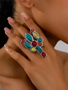 Vintage Western Style Turquoise Cactus Ring, Colorful Elastic Fashionable Jewelry for Women, Perfect Gift for Parties and Gifts
