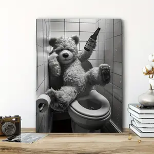 1pc Teddy Bear on Toilet - Retro Minimalist Ink Printed Canvas Suitable for Home,, Bathroom Decor - (Framed Frameless Poster Optional) Bear Decorations, Portrait Wall Hanging Art Print
