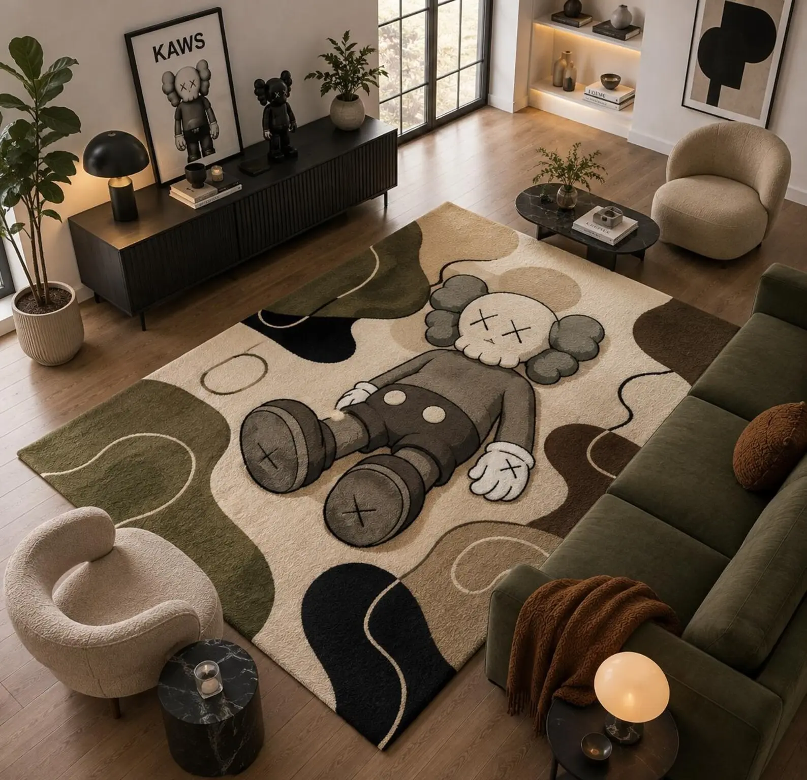 Hand Tufted KAWS Inspired Character Area Rug - Wool Street Art Rug, Modern Designer Living Room Decor (5x8ft, 9x12ft)