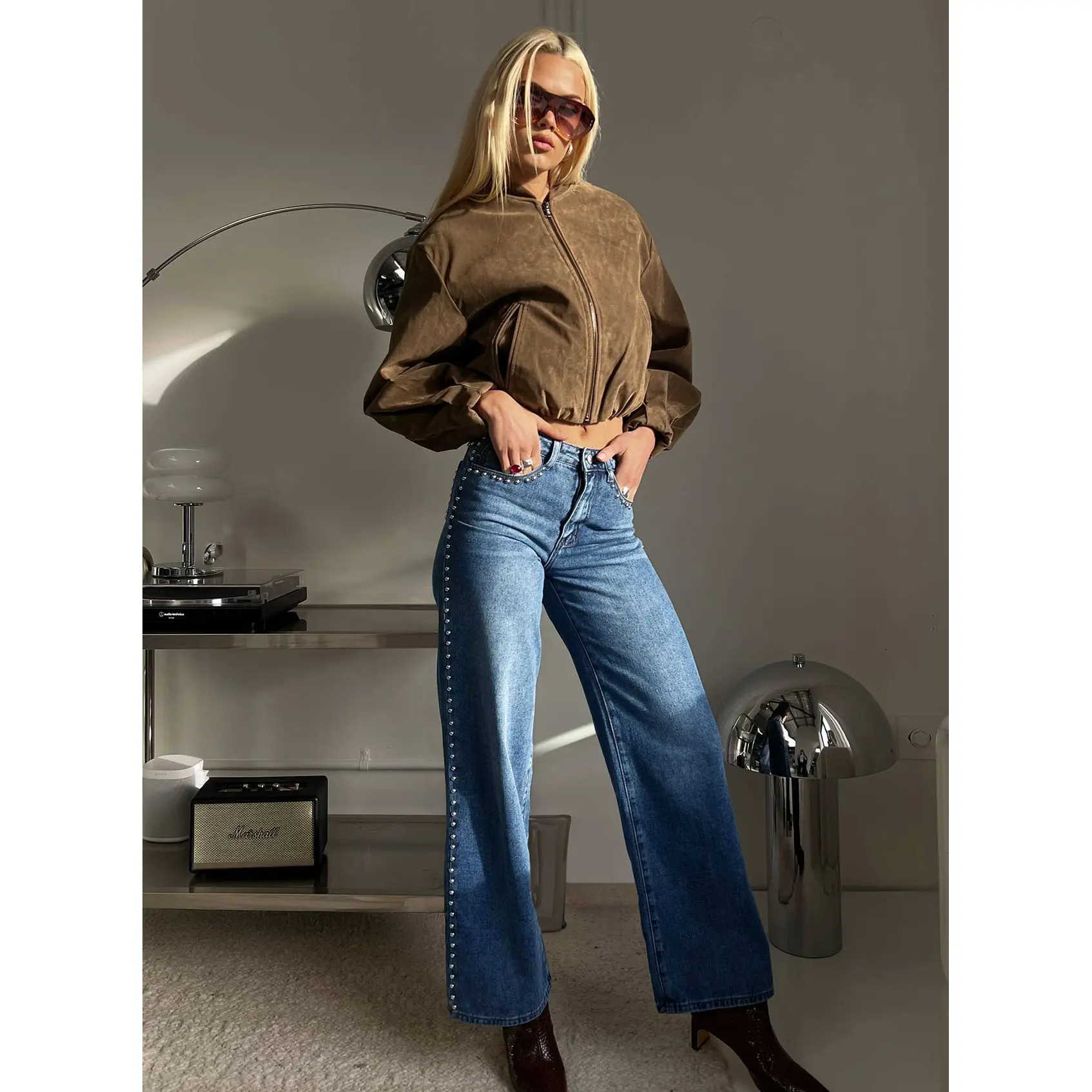 Saving Up Mid Rise Straight Leg Studded Jeans Mid Blue