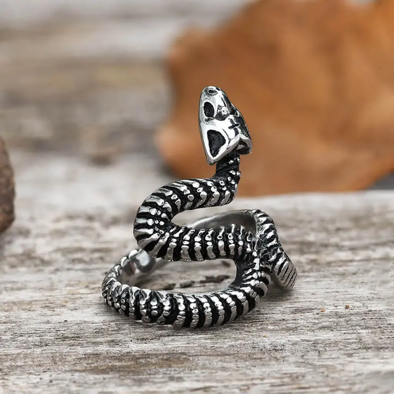 GTHIC Unique Design Stainless Steel Snake Bone Skull Ring, Unisex Serpent Skeleton Artificial Gemstone Jewelry for Daily Wear