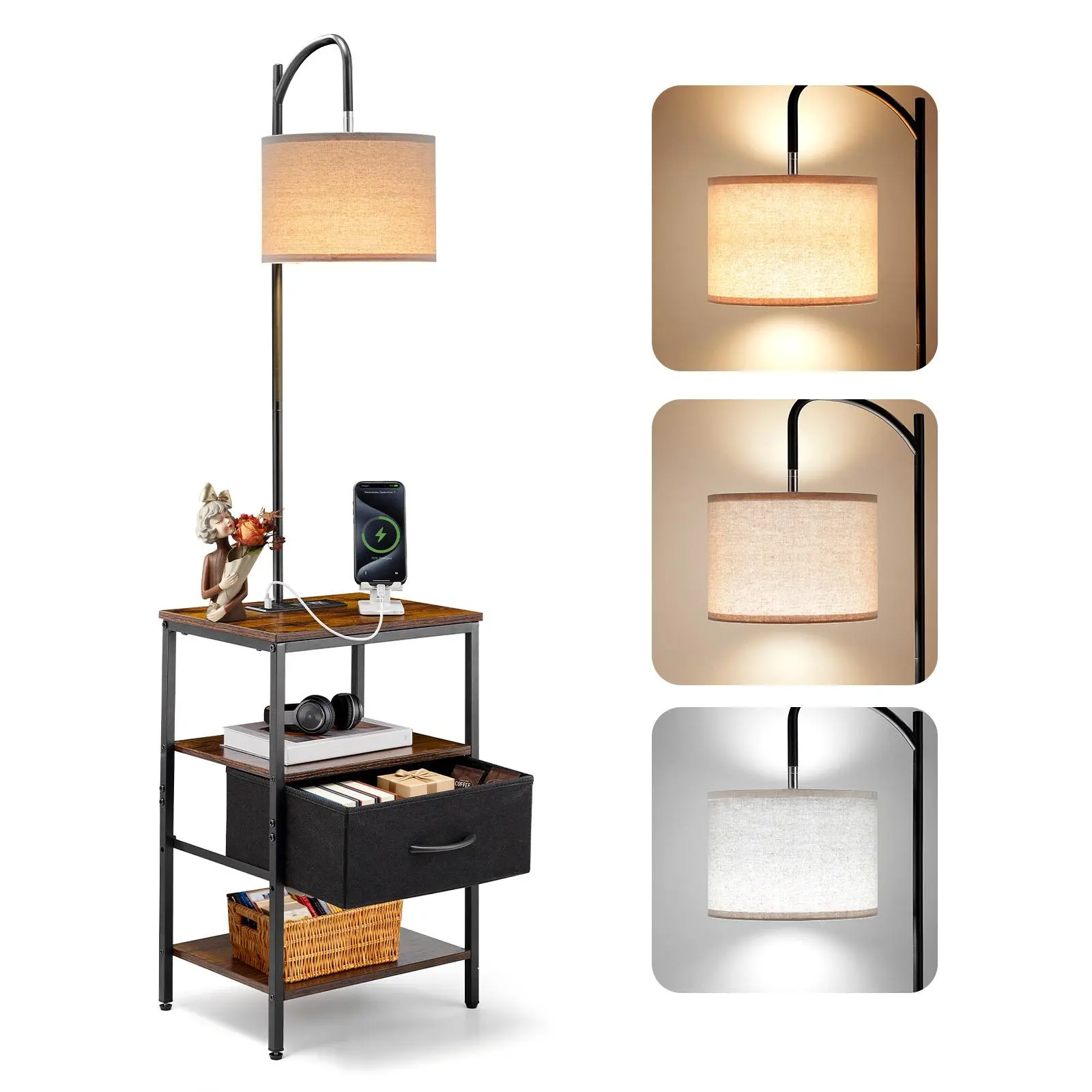 【SummerFinds】VEVOR Floor Lamp with Table, 3-Tier End Table with Drawer and 3 Color Temperature Lighting, Modern Side Nightstand Bedside Desk with USB & Type C & AC Charging Port for Living Room, Bedroom, Dorm