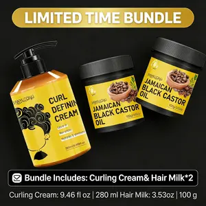 3 Piece Curl Styler Daily Care Set with 280ML Curl Cream and 2 Bottles of 100ML Castor Oil Hair Lotion, Natural Curl Definition, Frizz Control, Anti-Static and Smooth Manageability