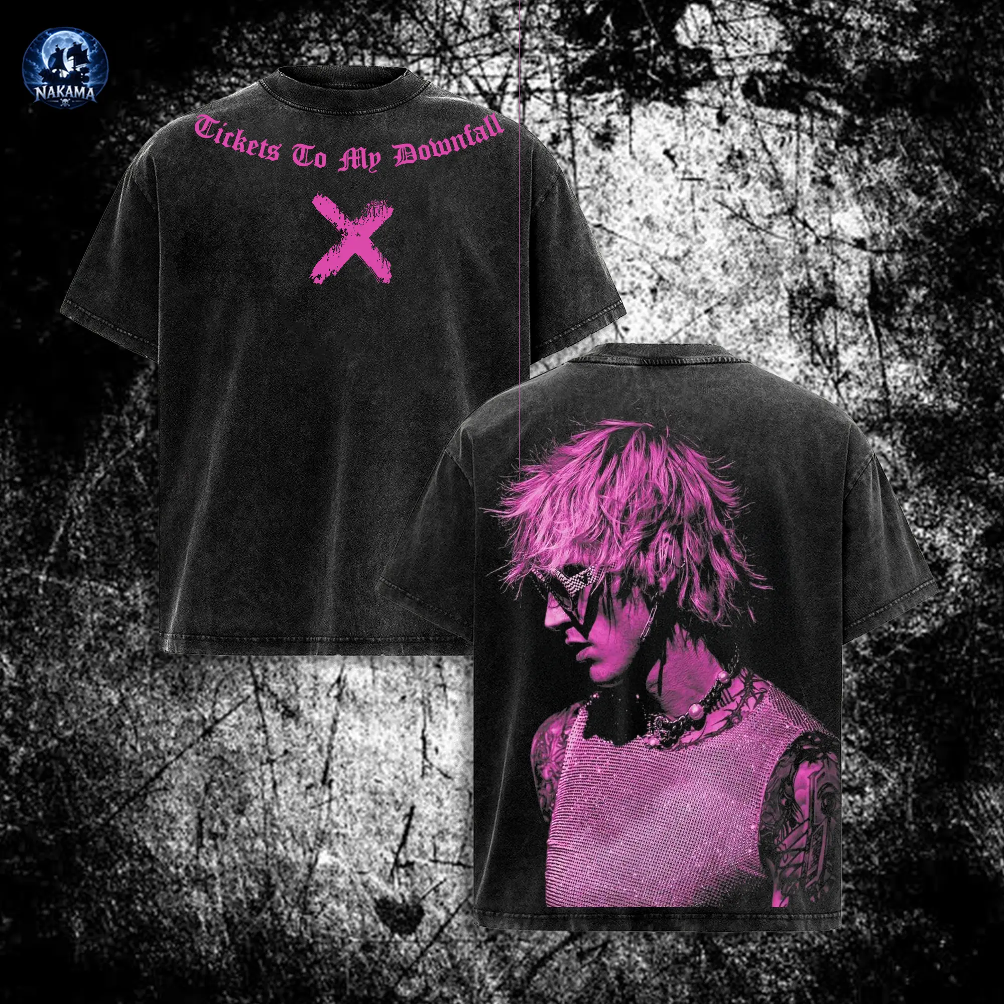NAKAMA GEAR Tickets To My Downfall Vintage Washed T Shirt, Machine Gun Kelly Pink Portrait Graphic Tee, Oversized Heavyweight Cotton Streetwear Shirt, Double Sided X Logo Unisex Fan Gift