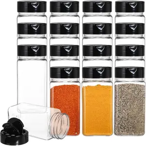 16 Pack 9 oz Plastic Spice Jars with Black Cap, Empty Seasoning Containers for Storing Spice, Herbs and Powders