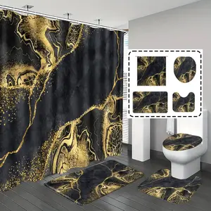 [Popular Choice]1pc/4pcs, bathroom curtains shower, bathroom set, shower curtains, bathroom rug, home decoration, bathroom mat, Bathroom Mat, black gold marble pattern, simple and luxurious theme decoration, bathroom set, with 12 hooks, Bathroom Supplies