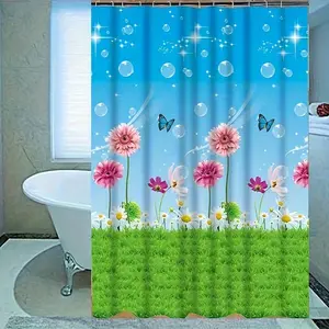 2D Flat 1Pc Bathroom Shower Curtain, No Drilling Required, Includes 12 Shower Curtain Hooks